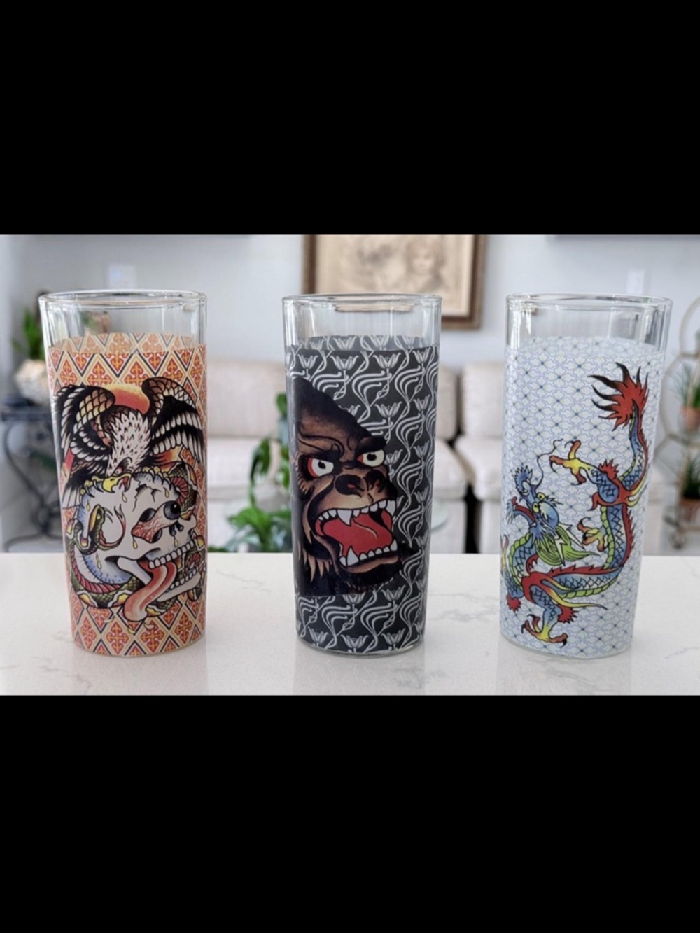 Set of 3 Ed Hardy Highball Glasses Dragon Gorilla Eagle Skull 6.25"